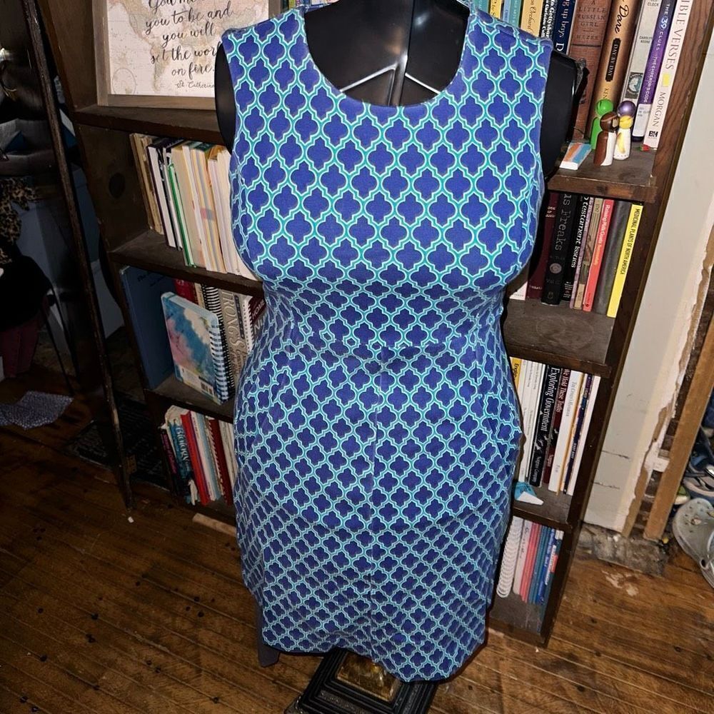 Lands End blue & green Moroccan print vacationcore knit dress